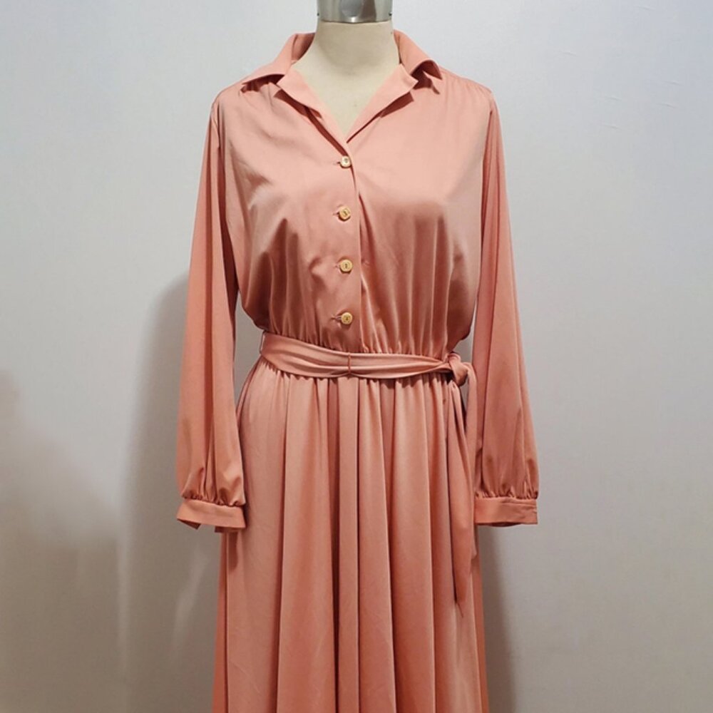 Vintage 70s-80s Salmon Pink Sunshine Alley Belted Tea Dress